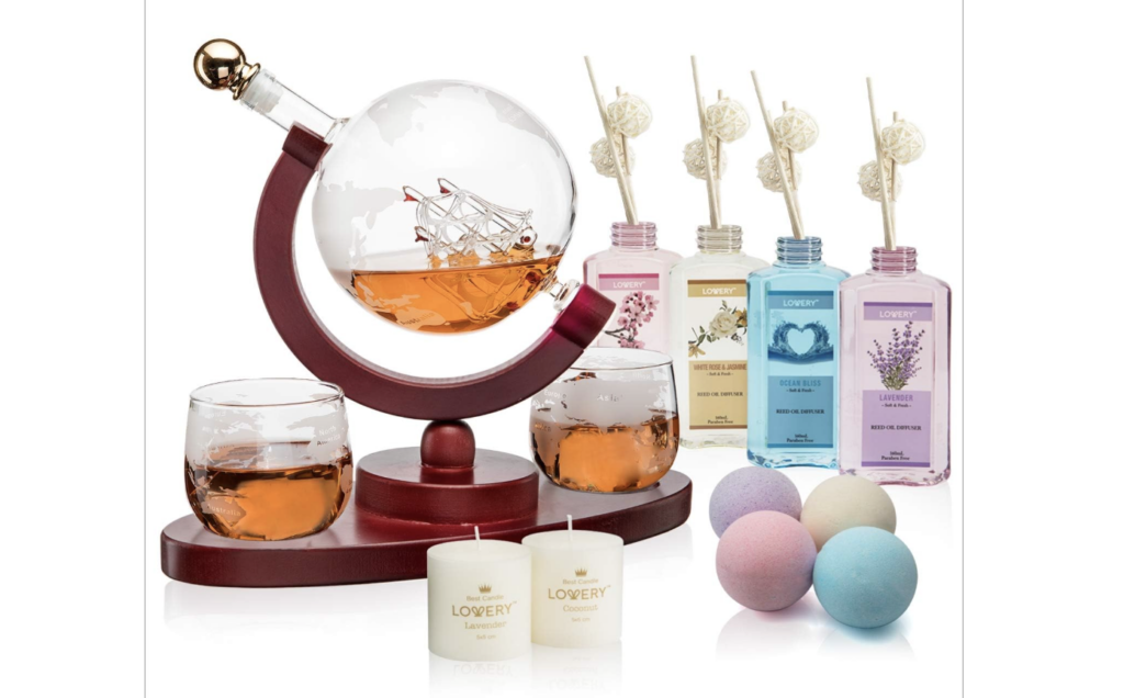 Whiskey-Wine Globe Decanter + Spa Gift Set, long distance Valentines gifts